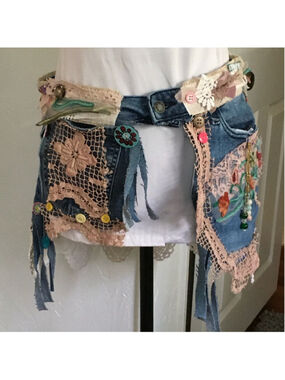 Denim Belt Custom Upcycled Lace Embroidered Size 31 32